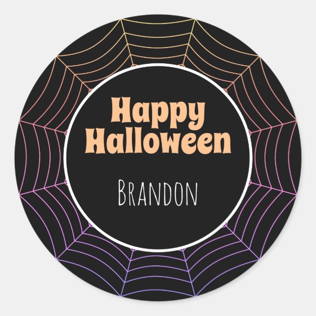 Spider web black purple orange Halloween pattern Classic Round Sticker (Front)