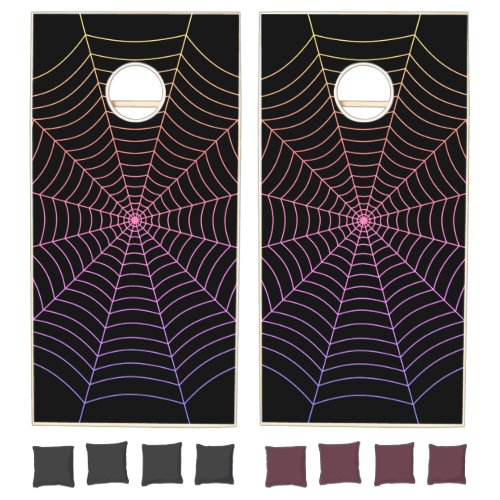 Spider web black purple orange Halloween pattern Cornhole Set
