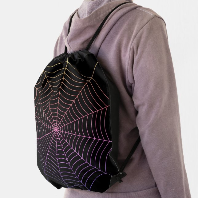 Spider web black purple orange Halloween pattern Drawstring Bag (Insitu)