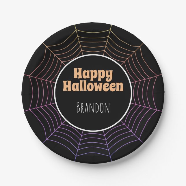 Spider web black purple orange Halloween pattern Paper Plates (Front)
