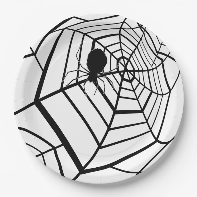 Spider Web -Black White Halloween Party Paper Plates (Front)