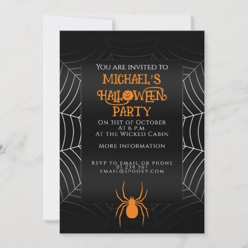Spider web black white orange Halloween party Invitation
