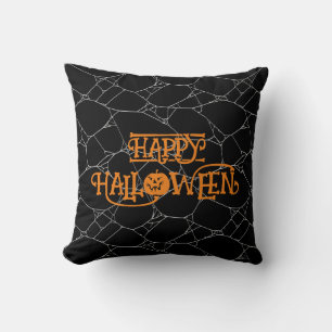 Spider Web Black & White Orange Happy Halloween  Throw Pillow