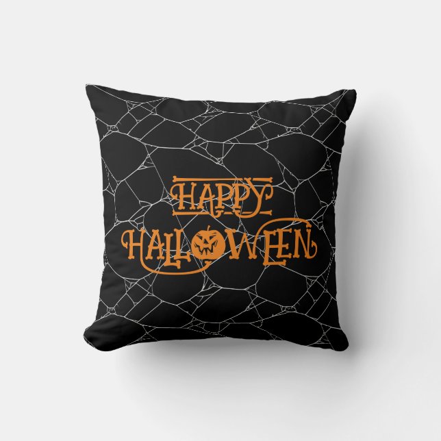 Spider Web Black & White Orange Happy Halloween  Throw Pillow (Front)