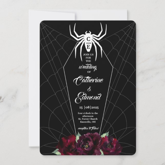Spider Web Coffin Black White Hallowedding Invitation (Front)