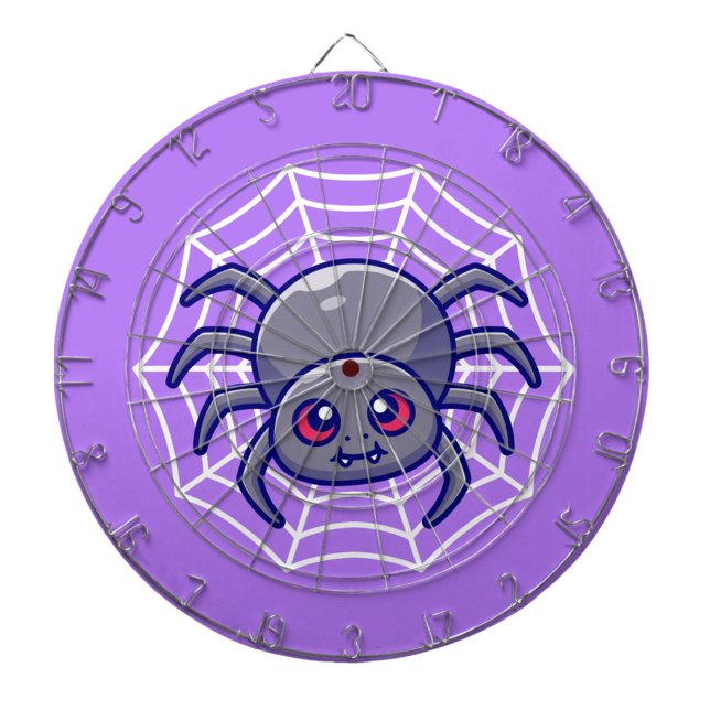 Spider Web Dart Board (A playful animated spider spins in its web on a vibrant purple background. )