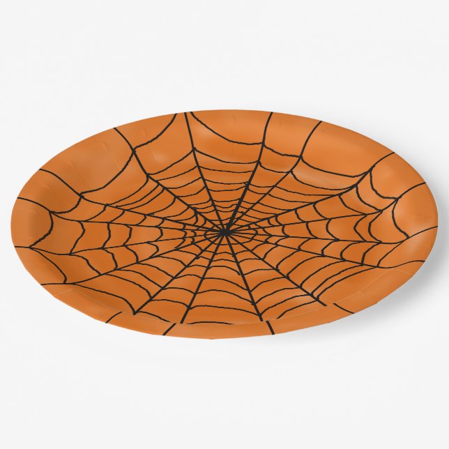 Spider Web on Orange Halloween Paper Plates (Angled)