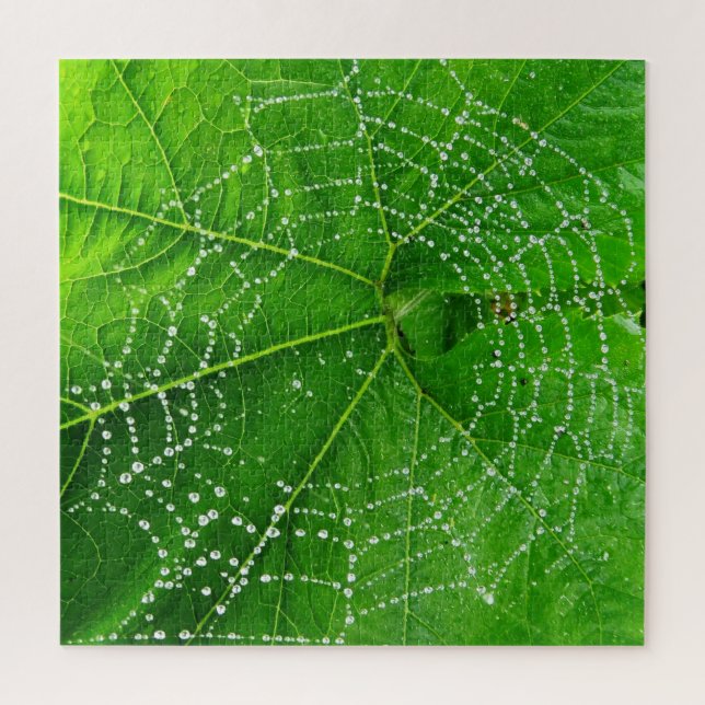 Spider Web & Rain Droplets on Green Leaf Designed Jigsaw Puzzle (Vertical)