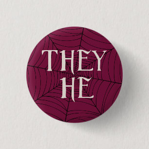 Spider Web They He Pronouns in Red Button