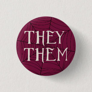 Spider Web They Them Pronouns in Red Button