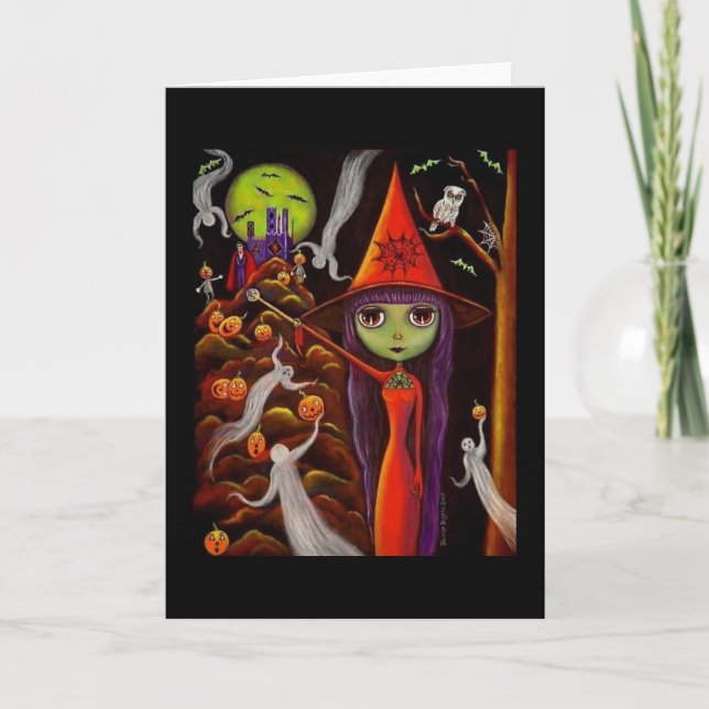 Spider Web Witch Ghosts Pumpkins Owl Halloween Art Card (Front)