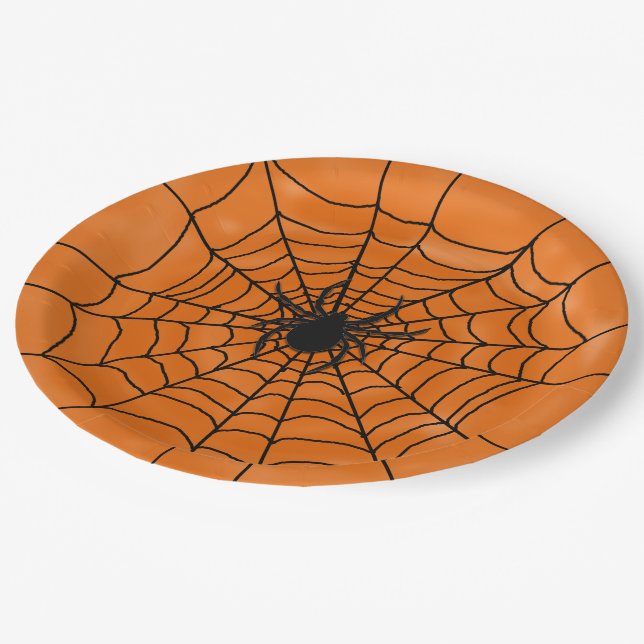 Spider Web with spider on Orange Halloween Paper Plates (Angled)