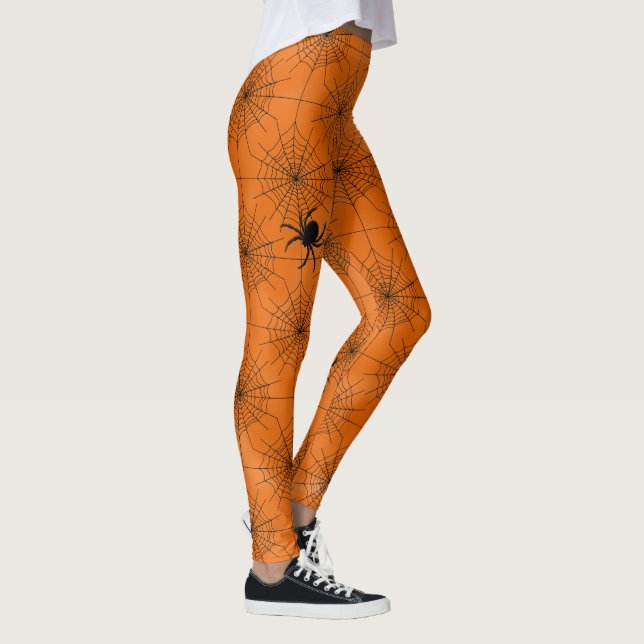 Spider Web with Spiders on Orange Halloween Leggings (Right)