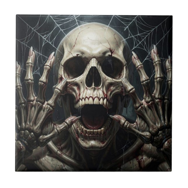 Spider Webs, Skull and Bones Spooky Halloween Ceramic Tile (Front)