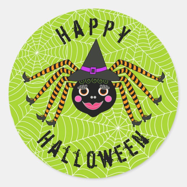 Spider Witch Happy Halloween Classic Round Sticker (Front)