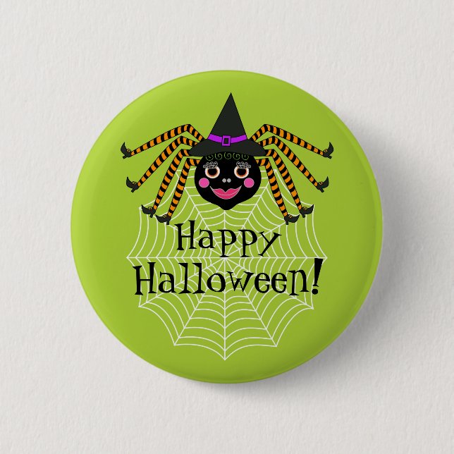 Spider Witch Happy Halloween Pinback Button (Front)