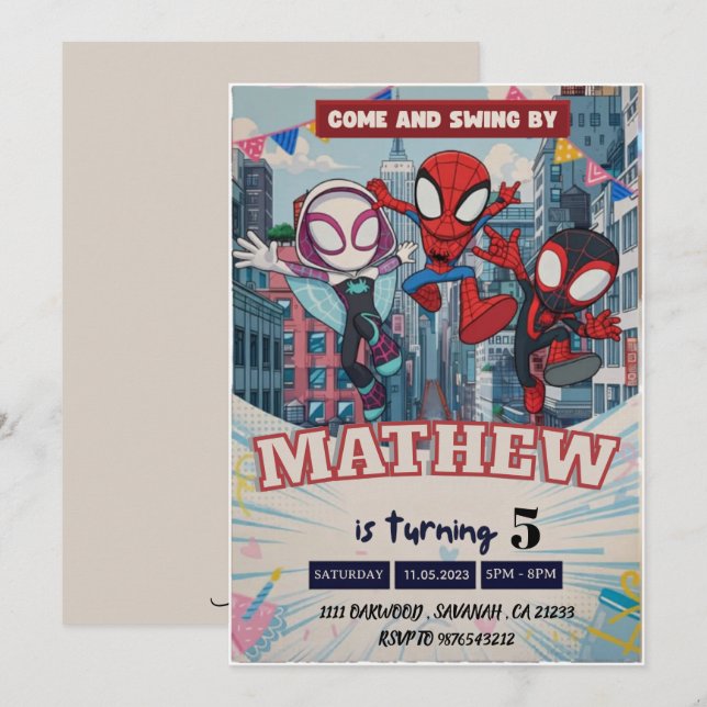 Spiderman Theme Birthday Superhero Spider Party fo Invitation (Front/Back)