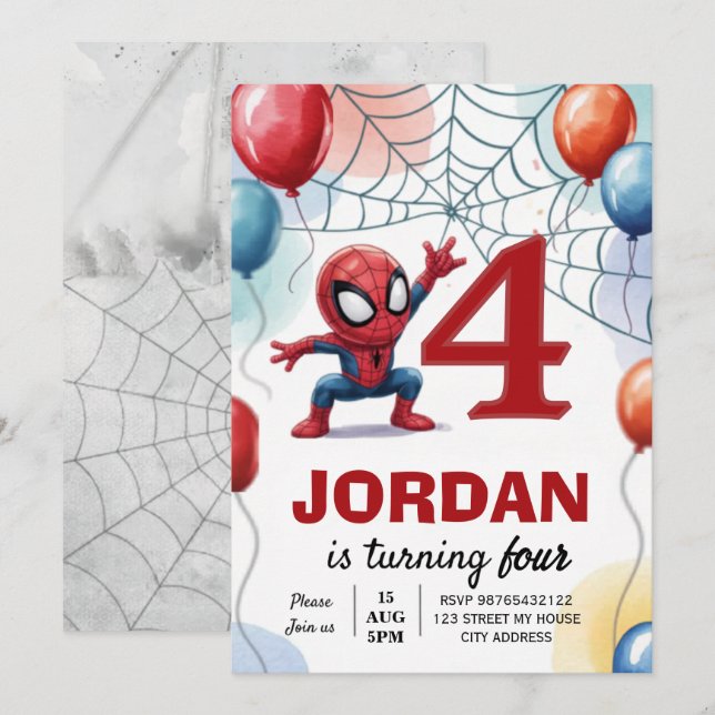 Spiderman Theme Birthday Superhero Spider Party fo Invitation (Front/Back)