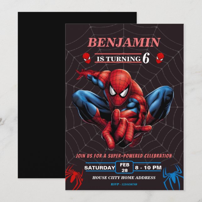 Spiderman Theme Birthday Superhero Spider Party  Invitation (Front/Back)
