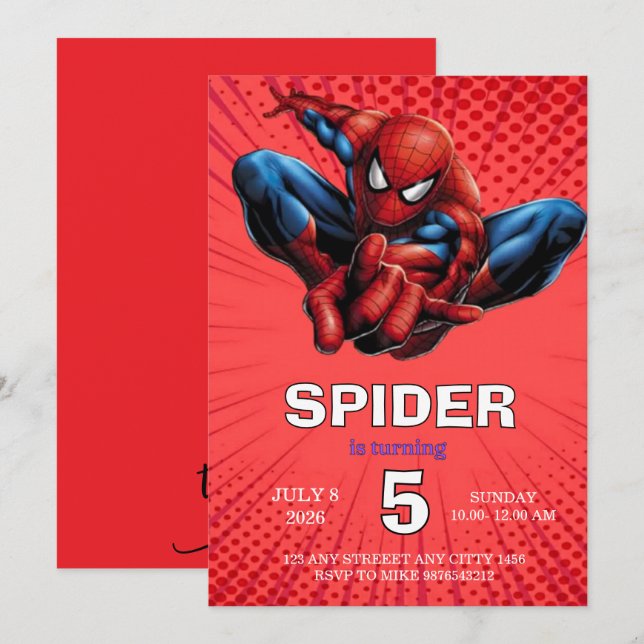 Spiderman Theme Birthday Superhero Spider Party  Invitation (Front/Back)