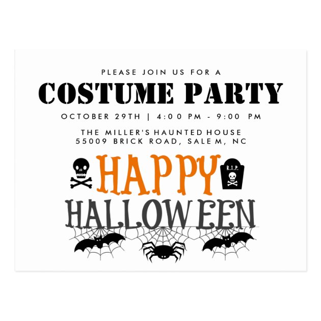Spiders And Skulls Halloween Costume Party Invite Postcard