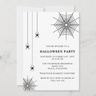 Spiders And Spiderweb Simple Black White Halloween Invitation