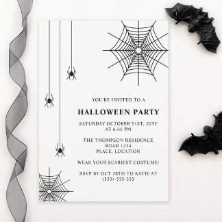 Spiders And Spiderweb Simple Black White Halloween Invitation