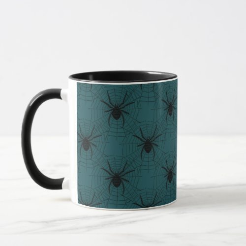 Spiders and Spiderwebs Dark Green Halloween Mug