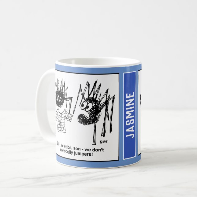 Spiders and Their Webs Cartoon. Funny Coffee Mug (Front Left)