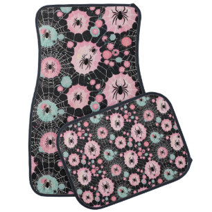 Spiders And Webs In Pink And Pale Blues On Black Car Floor Mat