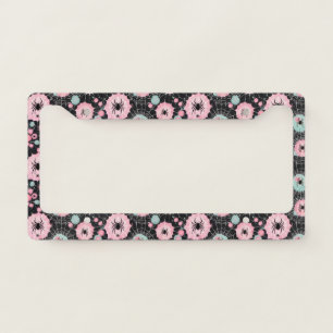Spiders And Webs In Pink And Pale Blues On Black License Plate Frame