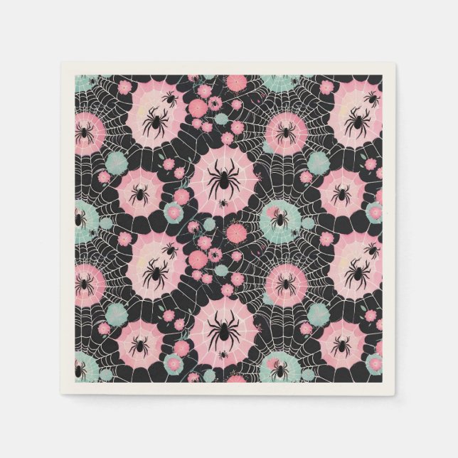 Spiders And Webs In Pink And Pale Blues On Black Napkins (Front)