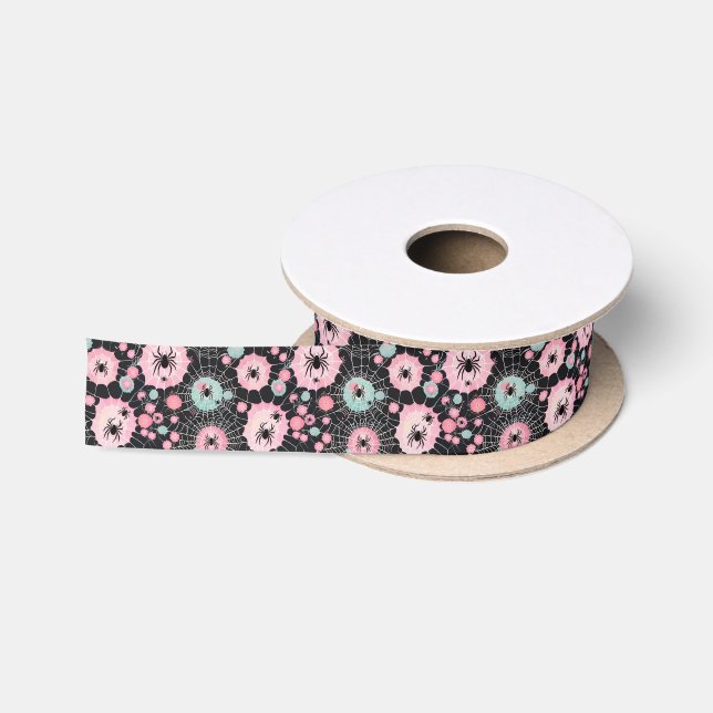 Spiders And Webs In Pink And Pale Blues On Black Satin Ribbon (Spool)