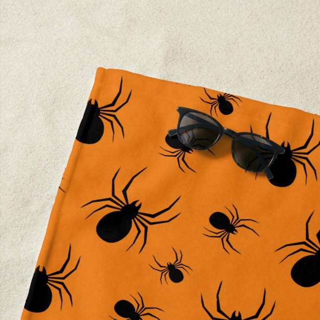 Spiders Halloween pattern Black and Orange Beach Towel (In Situ)