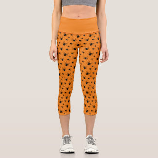 Spiders Halloween pattern Black and Orange Capri Leggings