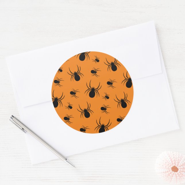 Spiders Halloween pattern Black and Orange Classic Round Sticker (Envelope)