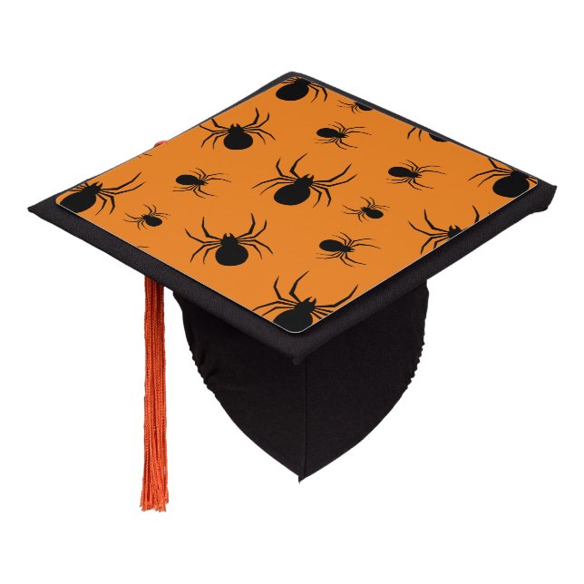 Spiders Halloween pattern Black and Orange Graduation Cap Topper (Angled)