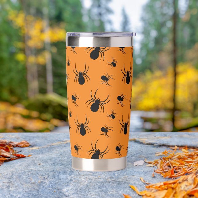 Spiders Halloween pattern Black and Orange Insulated Tumbler (Outdoor)