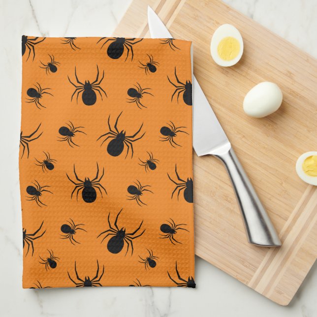 Spiders Halloween pattern Black and Orange Kitchen Towel (Quarter Fold)