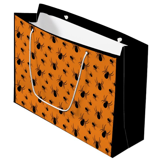 Spiders Halloween pattern Black and Orange Large Gift Bag (Front Angled)