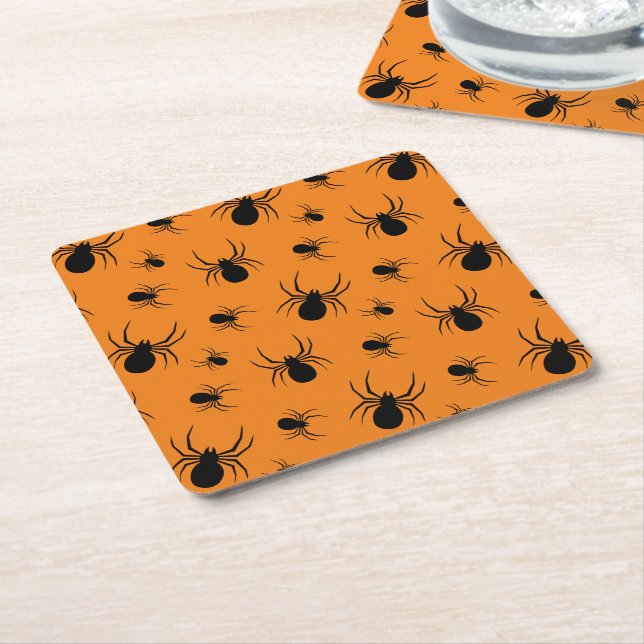 Spiders Halloween pattern Black and Orange Square Paper Coaster (Angled)