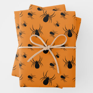 Spiders Halloween pattern Black and Orange Wrapping Paper Sheets