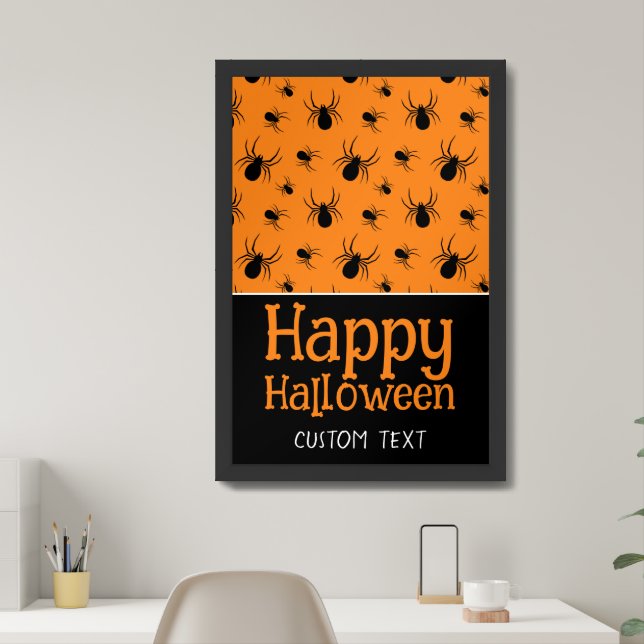 Spiders Happy Halloween Black Orange Custom name Framed Art (Home Office)
