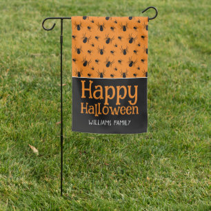 Spiders Happy Halloween Black Orange Custom name Garden Flag