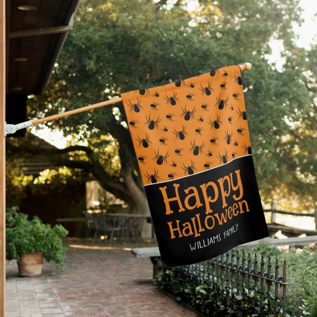Spiders Happy Halloween Black Orange Custom name House Flag (In SItu)