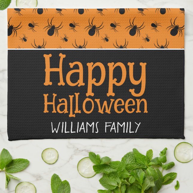 Spiders Happy Halloween Black Orange Custom name Kitchen Towel (Folded)