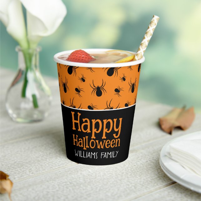 Spiders Happy Halloween Black Orange Custom Paper Cups (Insitu)