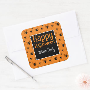 Spiders Happy Halloween Black Orange Custom Square Sticker