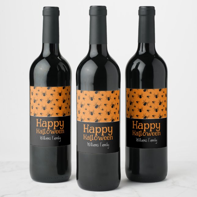 Spiders Happy Halloween Black Orange Custom Wine Label (Bottles)