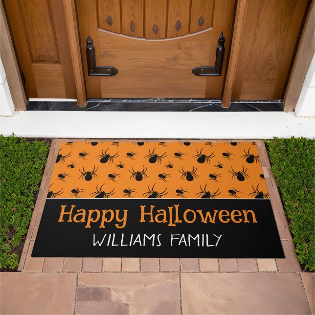 Spiders Happy Halloween Party Black Orange Custom Doormat (Outdoor)